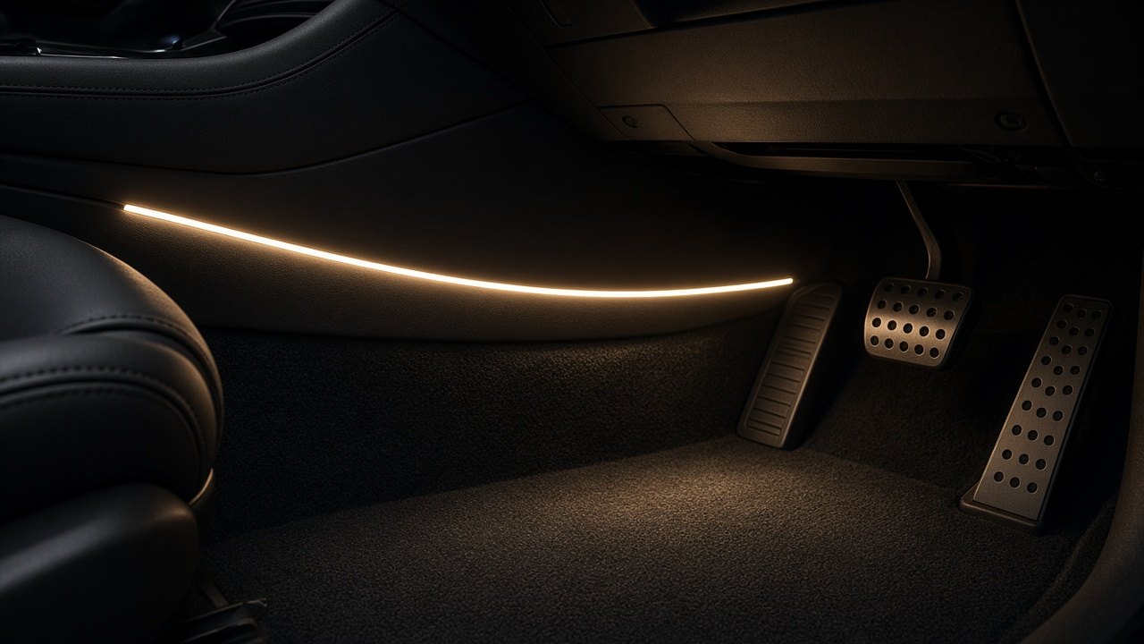 Fußraum eines Pkw mit durchgehender warmweißer LED-Lichtlinie unter dem Armaturenbrett, die Teppich und Pedale dezent ausleuchtet
