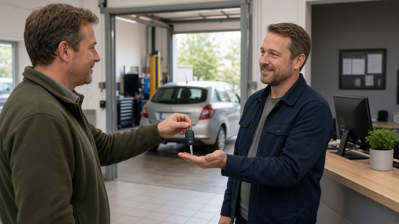Kunde übergibt einen Autoschlüssel an einen Werkstattberater, Kompaktauto im Hintergrund in einer kleinen deutschen Werkstatt