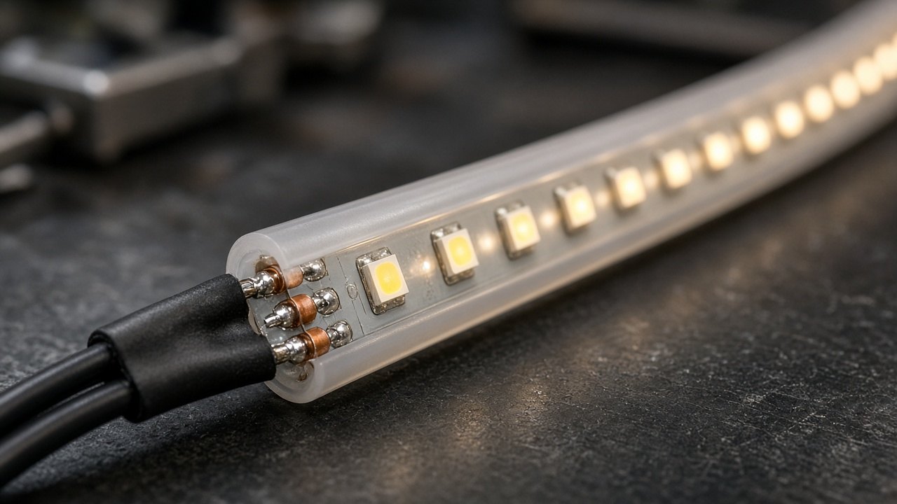 Nahaufnahme einer flexiblen LED-Leiste mit Silikondiffusor, Kupferpads und professioneller Kfz-Verdrahtung auf einer Werkbank