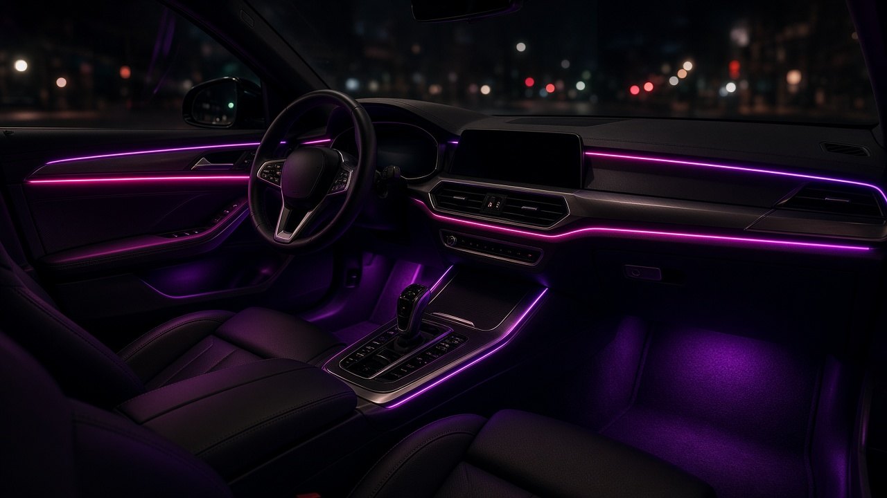 Pkw-Innenraum nach der Nachrüstung mit gleichmäßiger magenta-violetter RGB-Ambientebeleuchtung an Türen und Konsole