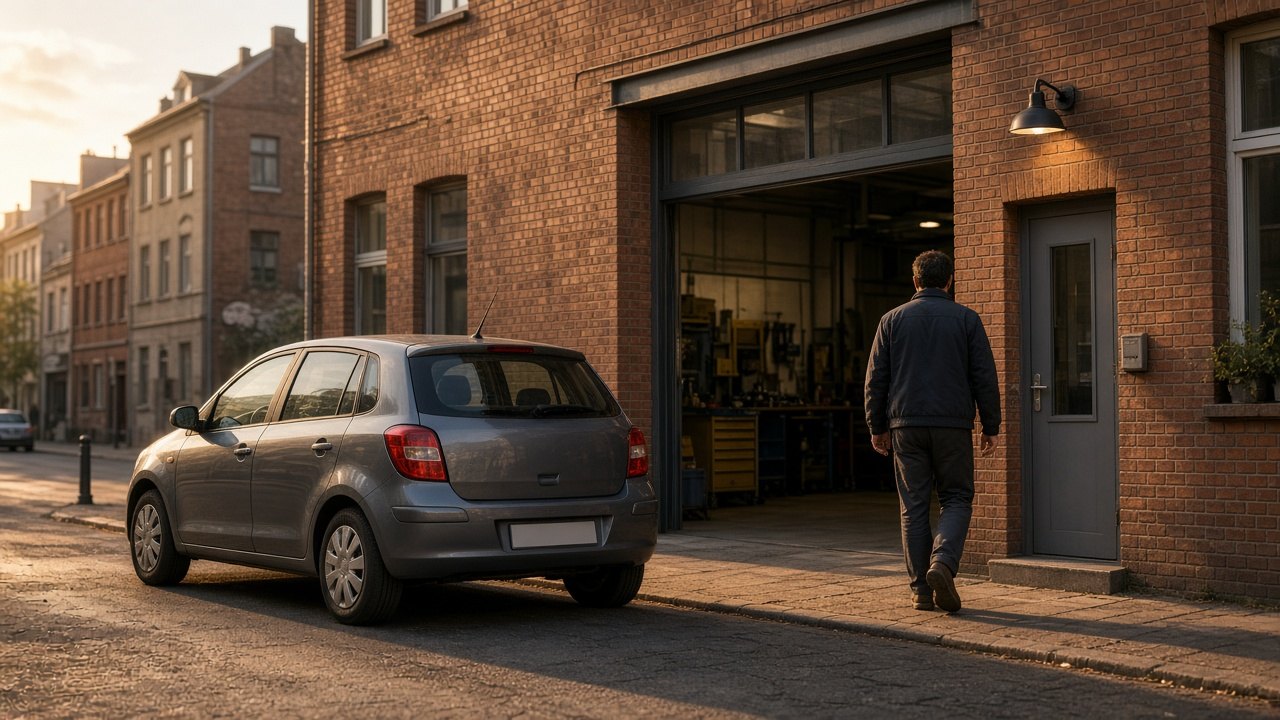 Europäischer Kompaktwagen vor einer kleinen Ziegelwerkstatt in einer deutschen Mittelstadt am späten Nachmittag