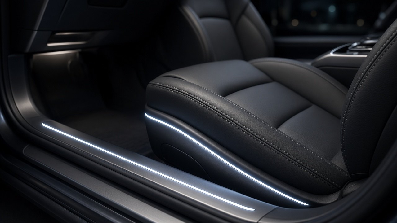 Vordersitze eines Premium-Innenraums mit kühler weißer LED-Konturlinie an Schweller und Sitzbasis